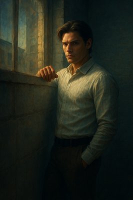 a painting of a man leaning against a window