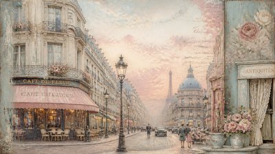 bustling city street panorama at dusk