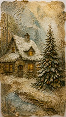 a snow-covered cottage with warm glowing windows beside a decorated pine tree, gentle snowfall, no text