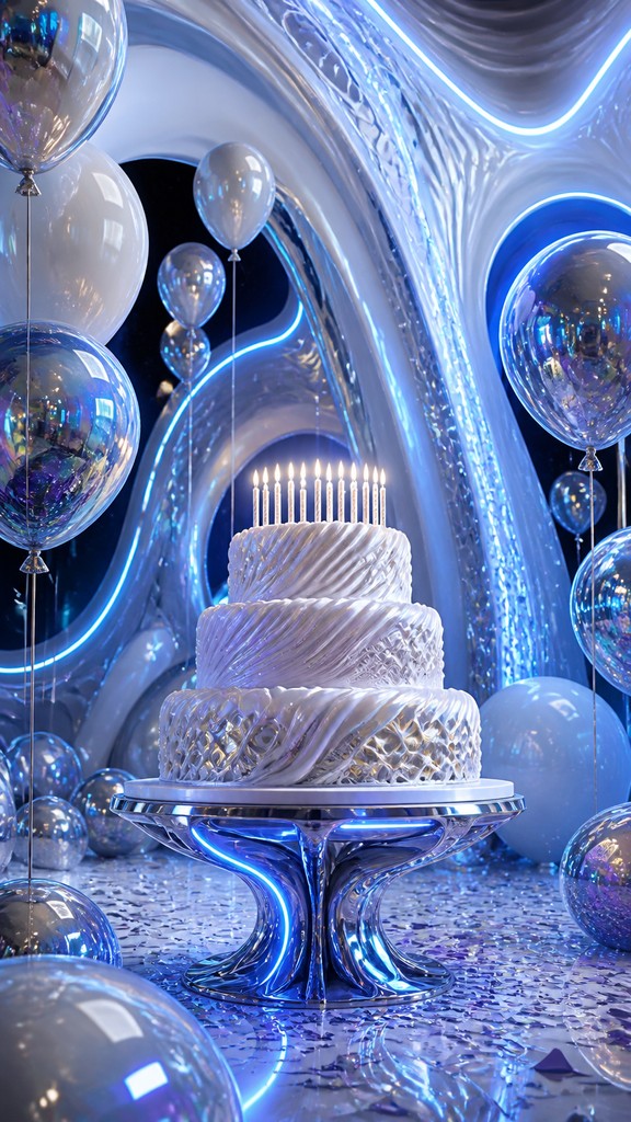 a birthday cake with lit candles surrounded by balloons and confetti, festive vertical composition, no text