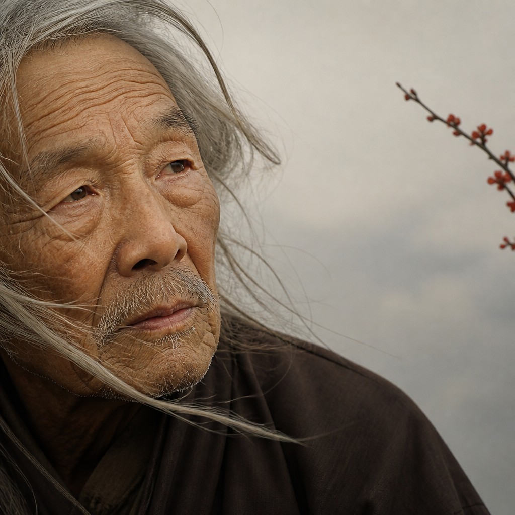 close-up portrait of an elderly person with expressive weathered features — Elegant Asymmetry Art Style