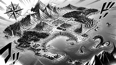 a map of an island realm with mountains, forests, a sheltered bay, sea monsters in the water and a compass rose, no text labels