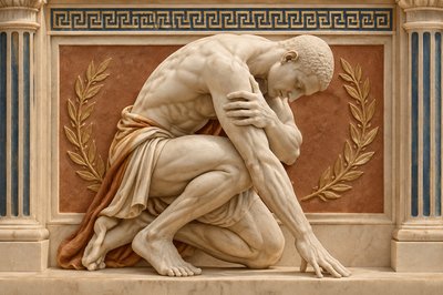 a statue of a man with his head in his hands
