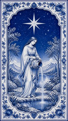 a robed figure pouring water beneath a large eight-pointed star in a night sky, symmetrical composition with an ornate decorative border, no text