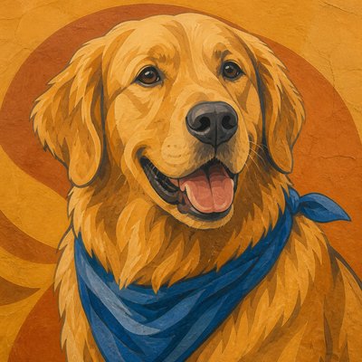 portrait of a golden retriever wearing a blue bandana, warm plain backdrop, no text