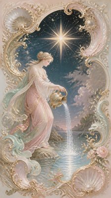 a robed figure pouring water beneath a large eight-pointed star in a night sky, symmetrical composition with an ornate decorative border, no text