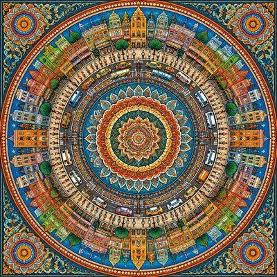 urban street with city activity — Mandala Art Style