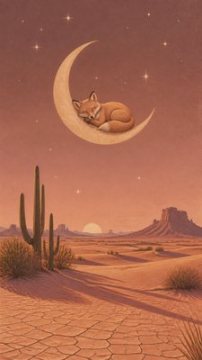a sleeping baby fox curled on a crescent moon among soft stars, gentle and warm, no text