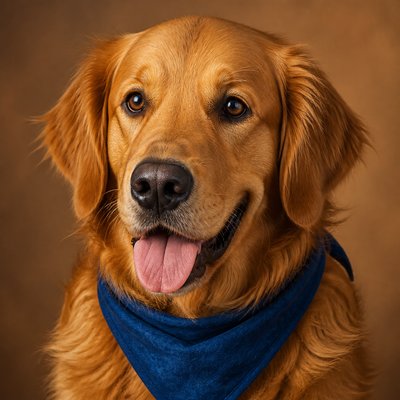 portrait of a golden retriever wearing a blue bandana, warm plain backdrop, no text