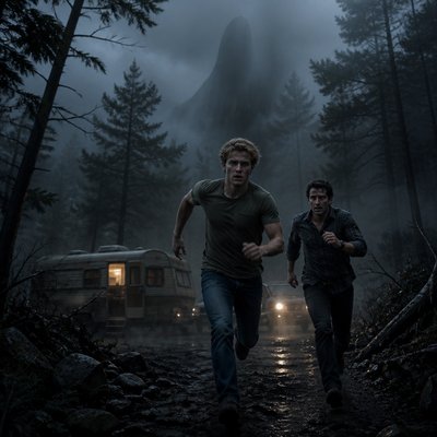 Ok tu me fait 2 personnages de roman , on va commencer avec un jeune homme la vaingtaine tres beau il est blond, il passe sa main dans ses cheveux, on voit le biceps il est en T-shirt kaki avec un jean à côté de lui, il se trouve un autre un homme dans les 45 ans, et alors là je veux que tu les cheveux noirs bouclé, sur les côtés, il a pas de lunettes il est en chemise, un daddy pas de barbe, pas de moustache. il a l’air d’être écrivant ou maire physiquement, il ressemble à tom loftis de widow bay , il a une chemise un peu démodé genre bleu à carreaux et je veux que par rapport à l’image, ils soient vraiment tout en bas genre un vrai roman quoi les deux personnages sont vus de loin en bas avec une ambiance énorme , mais qu’il soit un minimum visible, genre que je puisse voir leurs yeux Une ambiance assez froide avec un brouillard glaçant autour d’eux une forêt, un caravane je sais pas une ambiance vraiment inquiétante et vraiment je veux une ambiance comme si on parlait d’un roman genre le blond au milieu. On dirait qu’il court tous les deux ou qu’il fuit comme dans sa roman. En fait derrière eux l’ambiance angoissante ils sont devant.