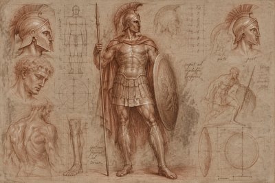 ancient greek warrior standing with helmut, shield, and spear