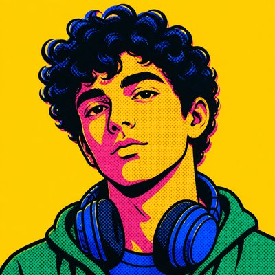 head-and-shoulders portrait of an original character: a young man with curly dark hair and headphones around his neck, plain backdrop, no text