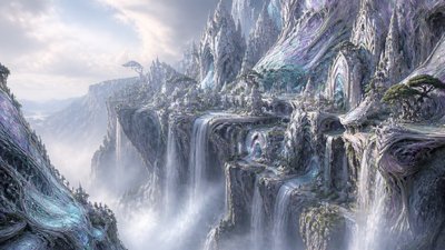 a cliffside city with waterfalls cascading into a misty canyon, wide establishing shot, no people, no text