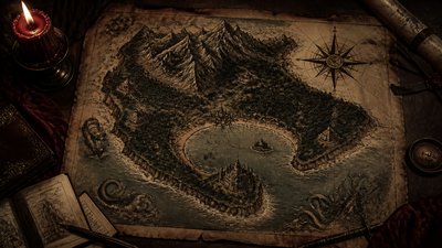 a map of an island realm with mountains, forests, a sheltered bay, sea monsters in the water and a compass rose, no text labels