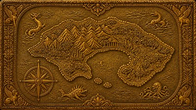 a map of an island realm with mountains, forests, a sheltered bay, sea monsters in the water and a compass rose, no text labels