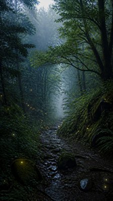 a mysterious forest path with fireflies and drifting mist, atmospheric vertical composition with open space at the top, no text