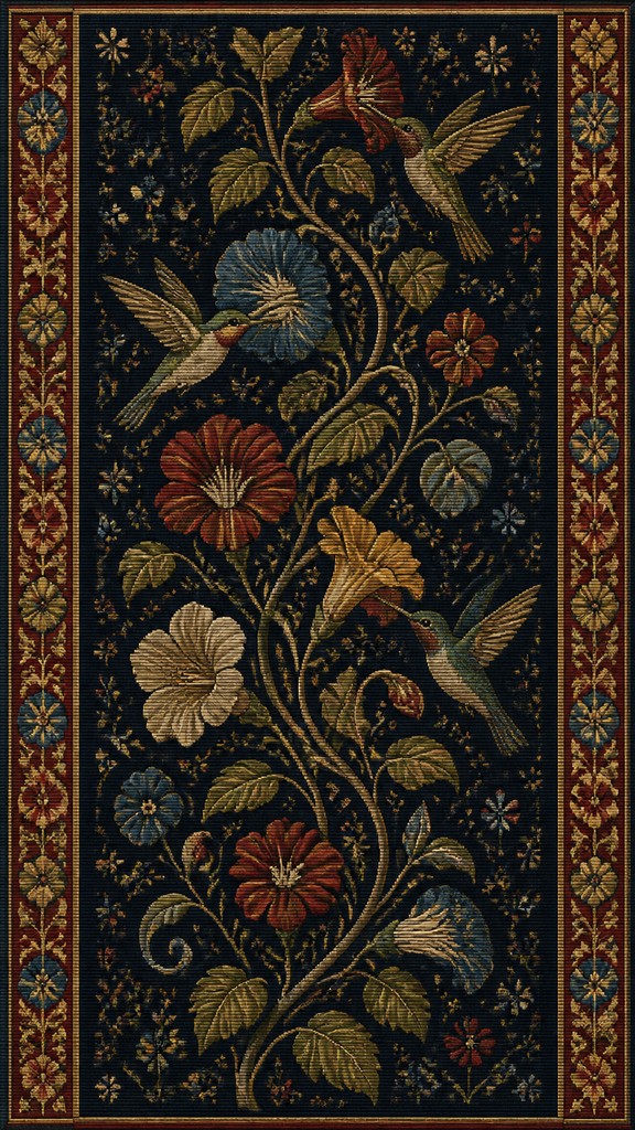 a climbing vine of flowers and hummingbirds on a dark background, tall wrapping composition, no text