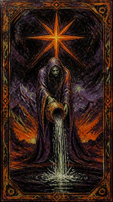 a robed figure pouring water beneath a large eight-pointed star in a night sky, symmetrical composition with an ornate decorative border, no text