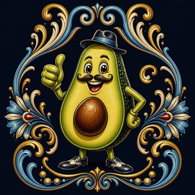 a happy avocado character giving a thumbs up, bold readable design on a plain background, no text