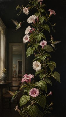 a climbing vine of flowers and hummingbirds on a dark background, tall wrapping composition, no text