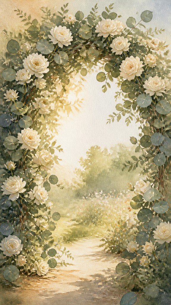 an arch of white roses and eucalyptus in soft morning light, elegant vertical composition with open space, no text