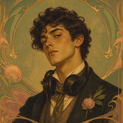 head-and-shoulders portrait of an original character: a young man with curly dark hair and headphones around his neck, plain backdrop, no text