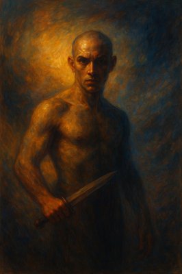 a painting of a man holding a knife