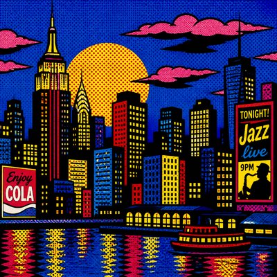 a city skyline at dusk with glowing windows