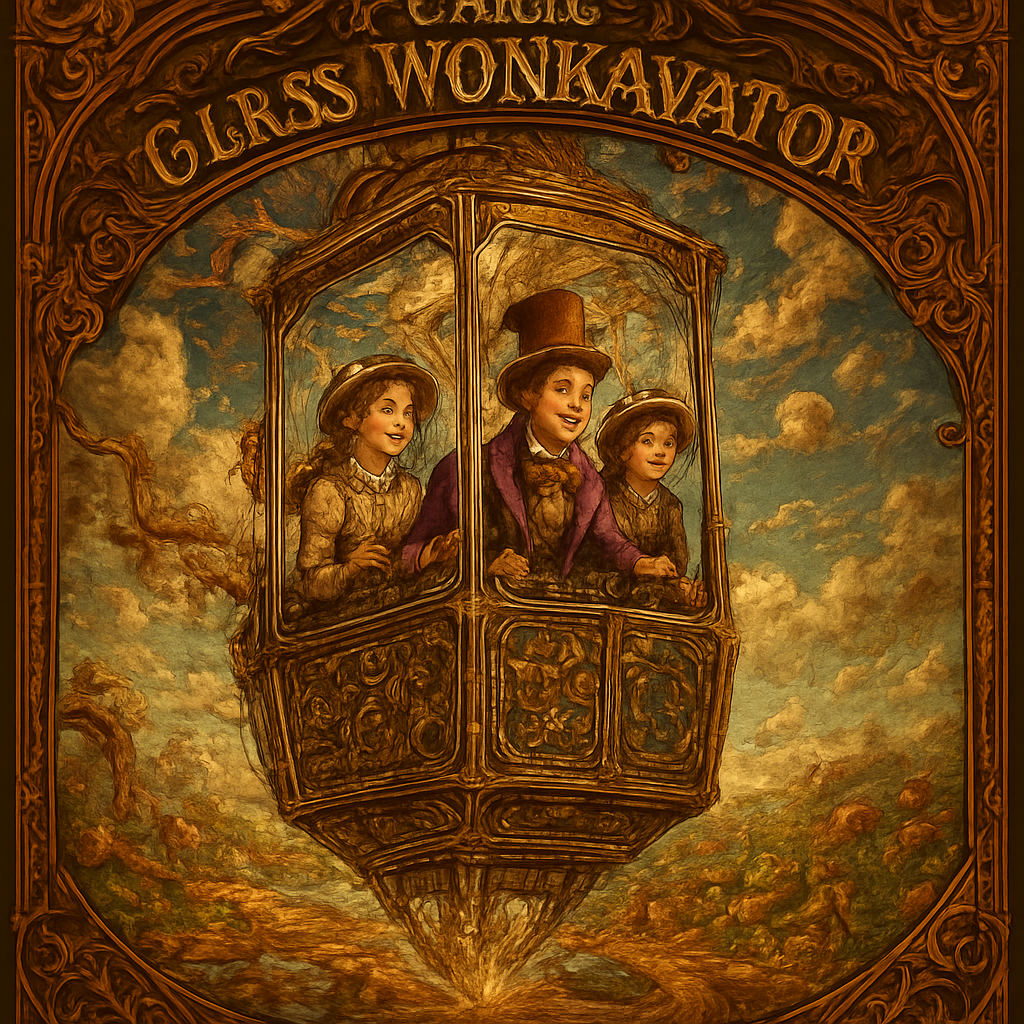 An awe-inspiring and whimsical scene featuring Willy Wonka's Great Glass Wonkavator, soaring through the sky and beyond the confines of the chocolate factory. The Wonkavator itself is a magnificent, multi-directional glass elevator, transparent and sparkling, with Willy Wonka (wearing his iconic top hat, purple coat, and bowtie) and 2 young Victorian well dressed ladies looking out with expressions of joy, wonder and excitement. The interior is filled with intricate buttons and levers for controlling its magical flight. The Wonkavator is depicted in mid-flight, perhaps bursting through the factory roof or ascending above the clouds. Below it, the fantastical landscape of the Chocolate Factory is visible – chocolate rivers, edible gardens, candy cane trees, and various whimsical buildings. Beyond the factory, a stunning, imaginative sky unfolds, perhaps with floating candy clouds, distant fantastical landmarks, or even glimpses of outer space and planets. The lighting is bright and magical, emphasizing the glass's transparency and the vibrant colors of the world below and beyond. The overall mood is one of boundless adventure, limitless possibilities, and pure, joyful fantasy."