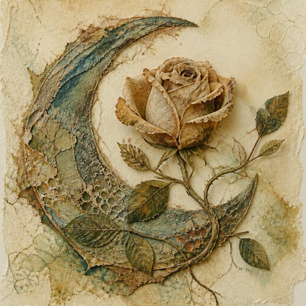 a rose entwined with a crescent moon, clean balanced composition on a plain background, no text