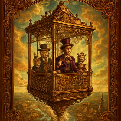 An awe-inspiring and whimsical scene featuring Willy Wonka's Great Glass Wonkavator, soaring high above Louisiana and ascending into a fantastical sky. The Wonkavator itself is a magnificent, multi-directional glass elevator, transparent and sparkling, with Willy Wonka (in his iconic purple coat and top hat), and several anthrpomorphic cats in stylish New Orleans clothing clearly visible and enjoying the ride inside. The interior of the Wonkavator shows intricate, whimsical control panels. The Wonkavator is depicted in mid-flight, having just burst through the factory roof or rising above the clouds. Below it, the fantastical landscape of the Bayou and various whimsical buildings from the city of New Orleans. Beyond is the ocean. The lighting is bright and magical, emphasizing the glass's transparency and the vibrant colors of the world below and beyond. The overall mood is one of boundless adventure, limitless possibilities, and pure, joyful fantasy."
