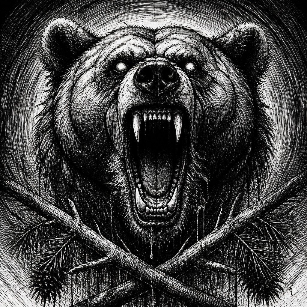 a roaring bear head above crossed pine branches, bold graphic composition on a plain background, no text