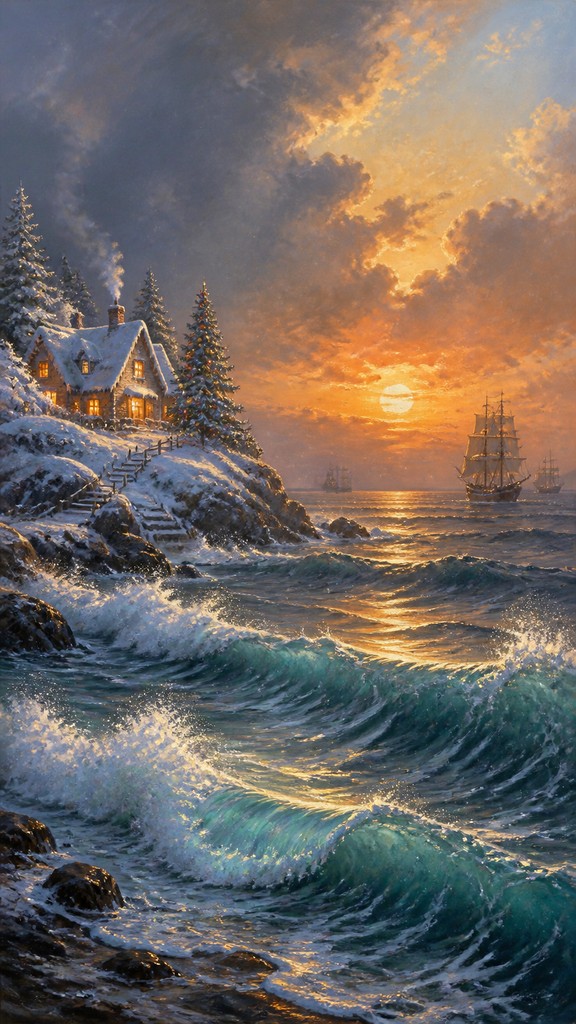a snow-covered cottage with warm glowing windows beside a decorated pine tree, gentle snowfall, no text