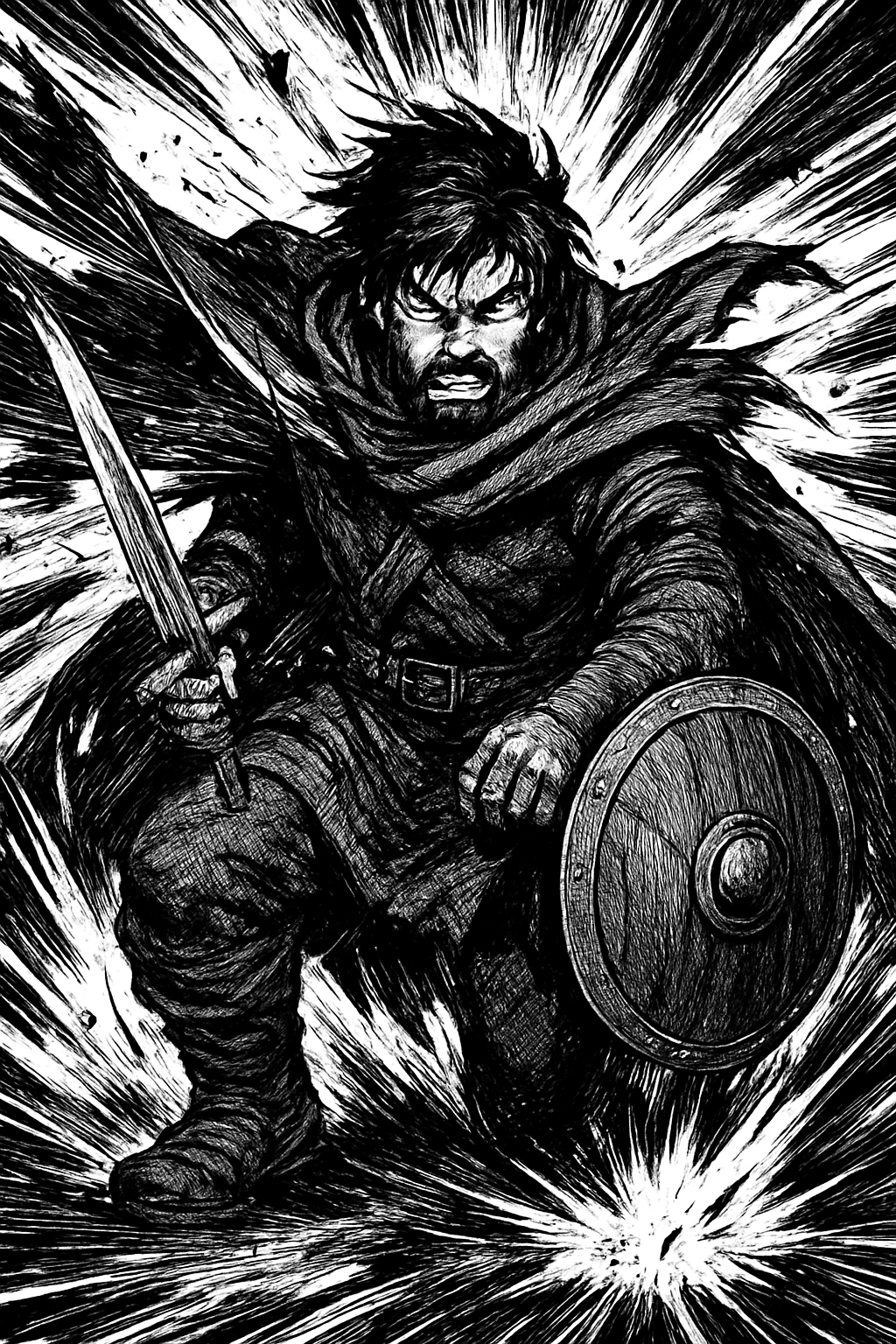 a black and white drawing of a man holding a sword
