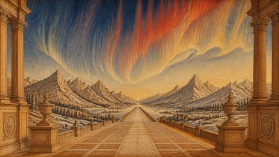 a flowing aurora over snowy peaks, wide sweeping composition, no people, no text