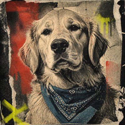 portrait of a golden retriever wearing a blue bandana, warm plain backdrop, no text