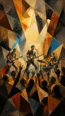a live music scene with a glowing stage and silhouetted crowd, energetic vertical composition with open space at the top, no text