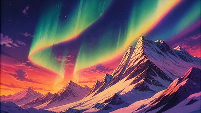 a flowing aurora over snowy peaks, wide sweeping composition, no people, no text