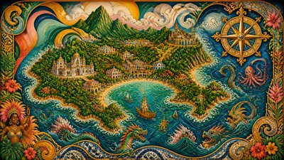 a map of an island realm with mountains, forests, a sheltered bay, sea monsters in the water and a compass rose, no text labels