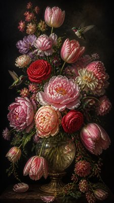 a climbing vine of flowers and hummingbirds on a dark background, tall wrapping composition, no text
