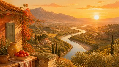 a vast valley with a river winding toward distant mountains at sunrise, no people, no text