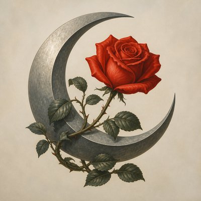 a rose entwined with a crescent moon, clean balanced composition on a plain background, no text