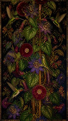 a climbing vine of flowers and hummingbirds on a dark background, tall wrapping composition, no text