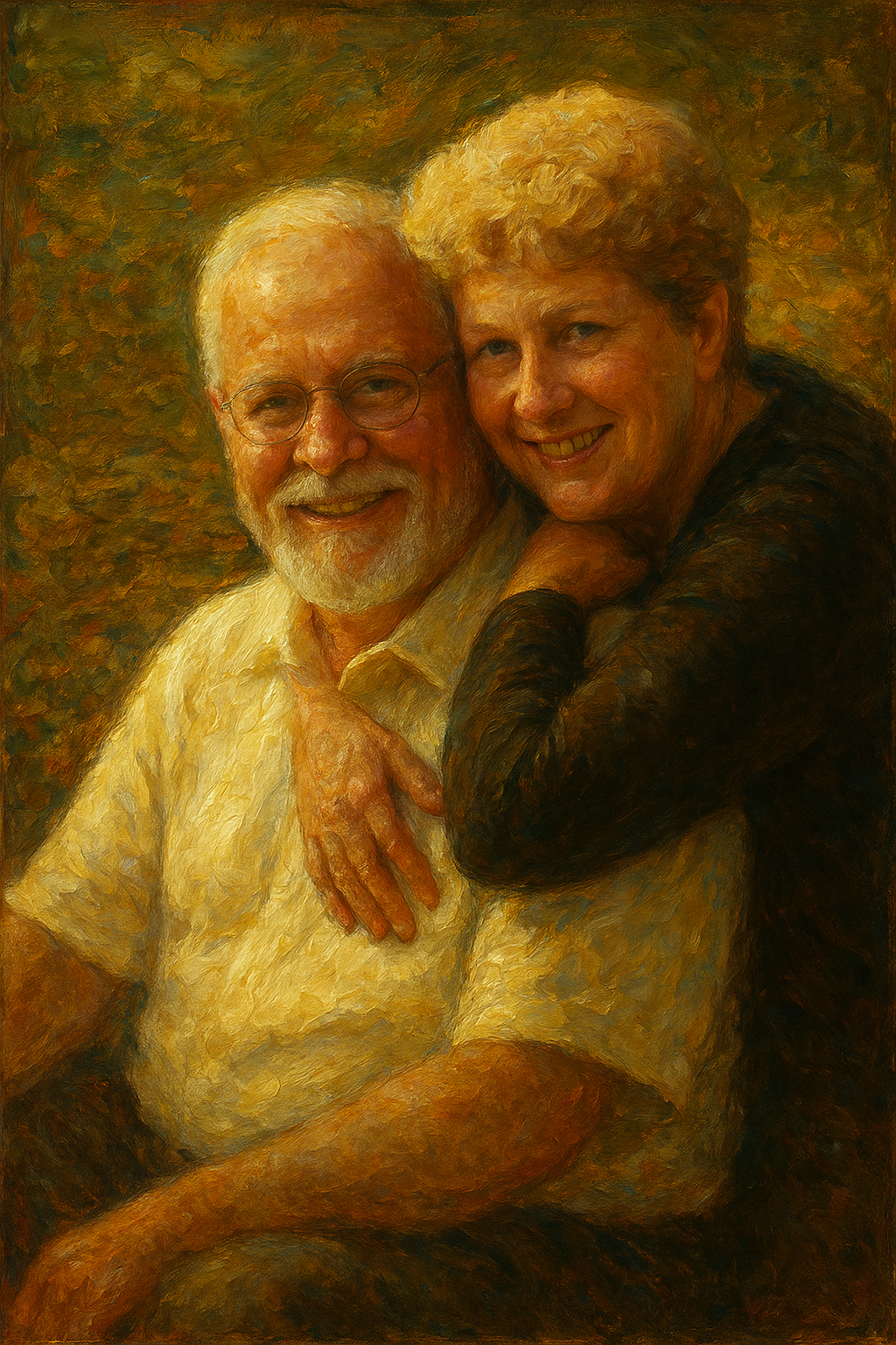a painting of two older men hugging each other