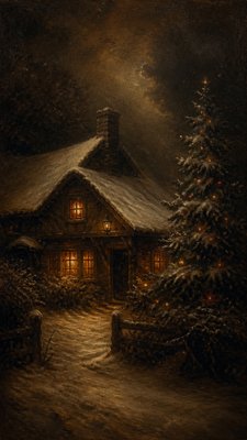 a snow-covered cottage with warm glowing windows beside a decorated pine tree, gentle snowfall, no text