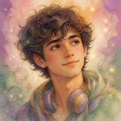 head-and-shoulders portrait of an original character: a young man with curly dark hair and headphones around his neck, plain backdrop, no text