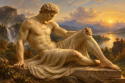 a painting of a man sitting on a rock