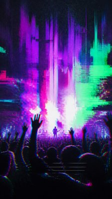 a live music scene with a glowing stage and silhouetted crowd, energetic vertical composition with open space at the top, no text