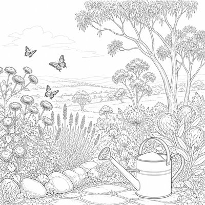 a garden scene with butterflies, flowers and a watering can, clean uncolored line art, no text
