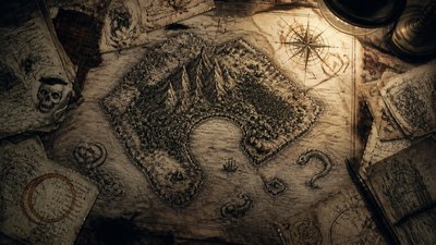 a map of an island realm with mountains, forests, a sheltered bay, sea monsters in the water and a compass rose, no text labels